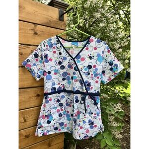Scrub HQ M V-Neck Scrub Top Polka Dot Print Tie Waist Pockets Nurse